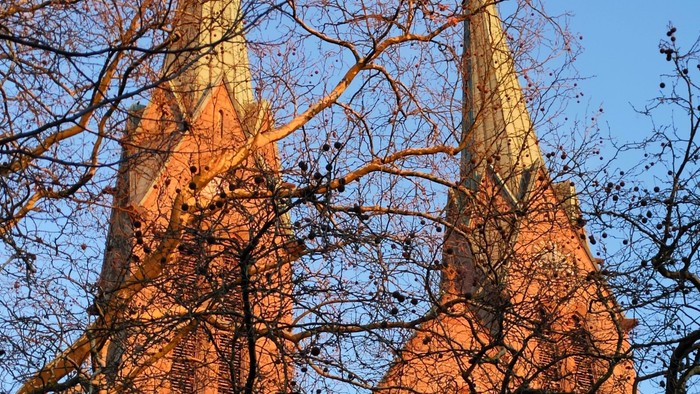 Goldene Kirchenspitzen, umhüllt vom warmen Sonnenlicht durch herbstliche Bäume vor einem klaren blauen Himmel.