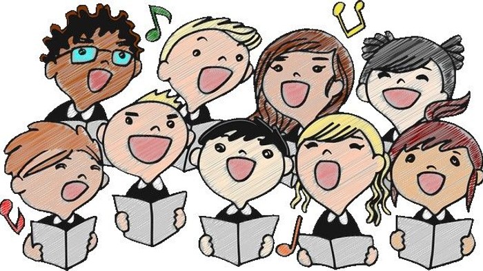 Fröhliche Gruppe von Kindern, die gemeinsam singen und Notenblätter lesen, mit musikalischen Noten über ihren Köpfen.