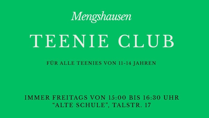 Jugendclub-Flyer für Jugendliche von 11–14 Jahren in Mengshausen mit Aktivitäten jeden Freitag von 15:00 bis 16:30 Uhr.