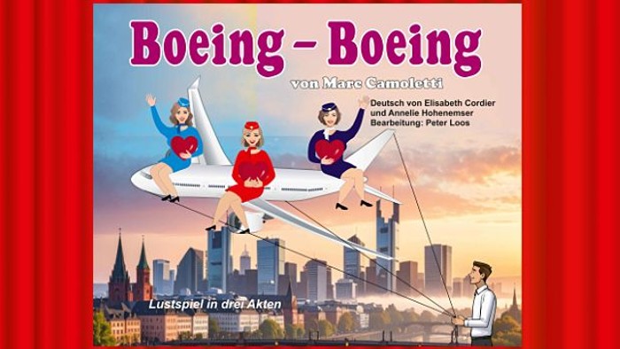Buchcover für Kinder mit dem Titel *„Boeing – Boeing“*, das bunte Flugzeugillustrationen und eine Stadtsilhouette zeigt.