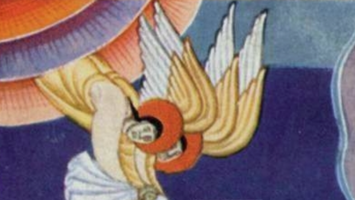 Ein Engel erhebt die Seele eines verstorbenen Mannes gen Himmel in einer mittelalterlichen religiösen Illustration.