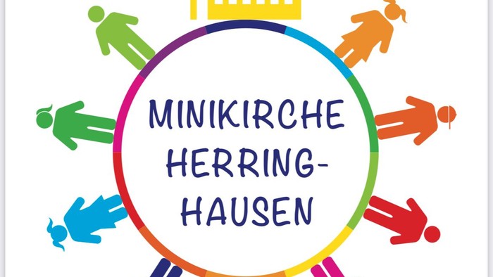  farbige Menschenfiguren bilden Kreis um Kirche und Text 