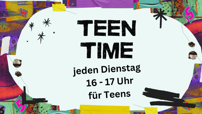 Plakat für Teenager-Event mit wöchentlichen Aktivitäten wie Essen, Trinken, Quatschen und Spielen für Jugendliche montags von 16 bis 17 Uhr.