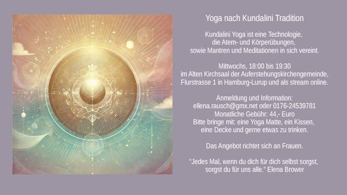 Text zu Yoga nach Kundalini Tradition vor violettem Hintegrund mit einem Meditationssymbol