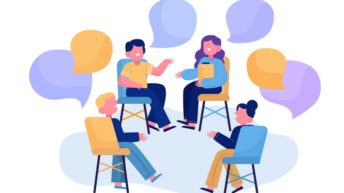 Menschen im Kreis, die Ideen diskutieren, mit Sprechblasen um sie herum.