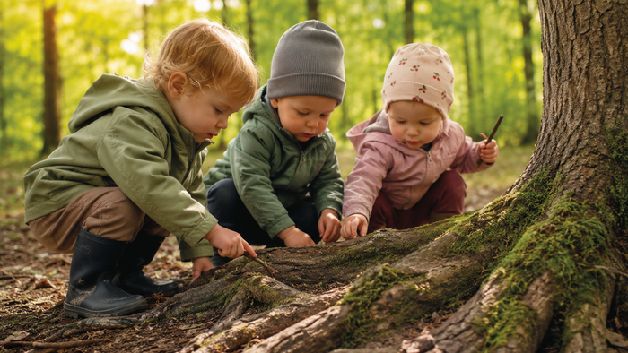 Drei neugierige Kinder erkunden umgestürzte Äste und moosbewachsene Wurzeln in einem Wald.