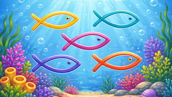 Lebendige Unterwasserszene mit bunten Fischen, die über Korallenriffe und Meerespflanzen schwimmen.
