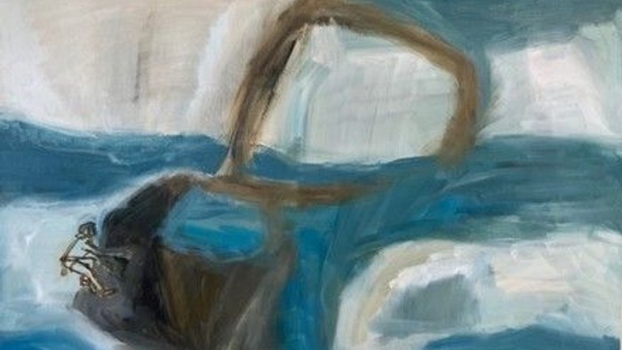 Abstrakt maleri af en ensom båd, der driver på turbulente, udtryksfulde oceanbølger.
