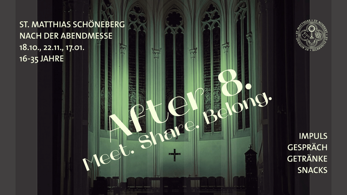 Nachveranstaltung „After 8“ mit Austausch, Gesprächen, Getränken und Snacks in der St. Matthias Kirche Schöneberg.