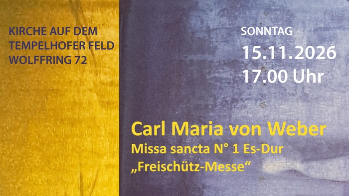 Konzertplakat für eine klassische Musikveranstaltung mit Webers *„Freischütz-Messe“* und Rheinbergers *„Stabat mater“* am 15. November 2026.