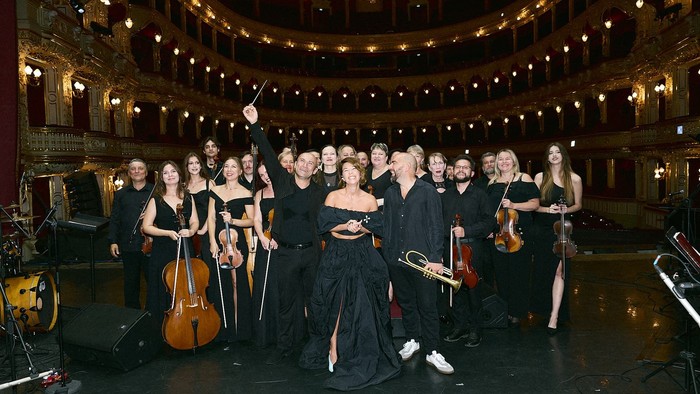 Ein klassisches Orchester spielt gemeinsam in einem eleganten, prunkvollen Konzertsaal.