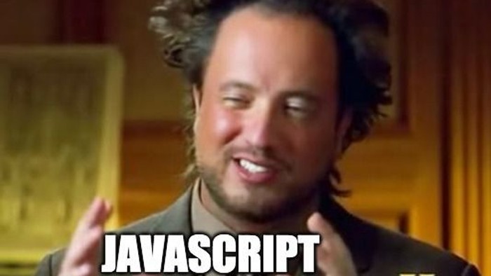 A humorous meme featuring a man explaining JavaScript with exaggerated enthusiasm and hand gestures.