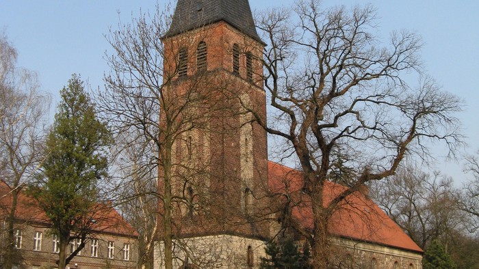 Historische Steinkirche mit hohem Backsteinturm und steilem Satteldach, umgeben von kahlen Bäumen.