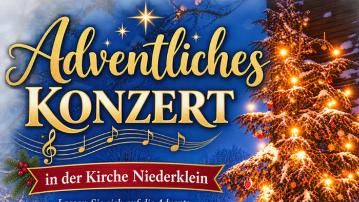 Einladung zum Adventskonzert mit einem festlichen Weihnachtskonzert in der Kirche, geschmückt mit einem Weihnachtsbaum und festlichem Schmuck.