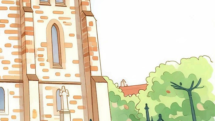 Bezaubernde Aquarellkirche mit hohem Kirchturm, Bogenfenstern und einer ruhigen, malerischen Umgebung.