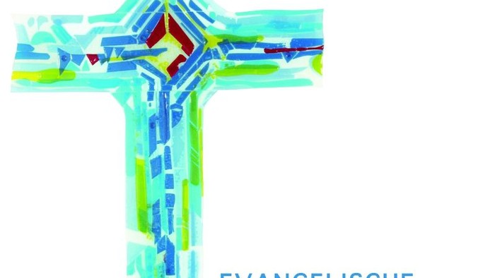Farbenfrohes Kreuz mit dem Text 