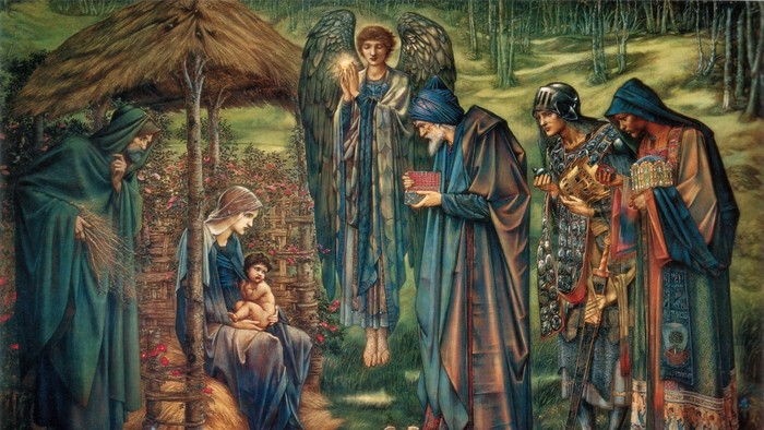 En maleri af julehistorien med Maria, Josef og baby Jesus, omgivet af engle og vise.