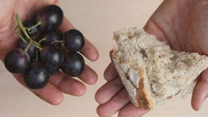 En hånd holder friske vindruer, mens en anden holder et stykke rustikt brød med frø.