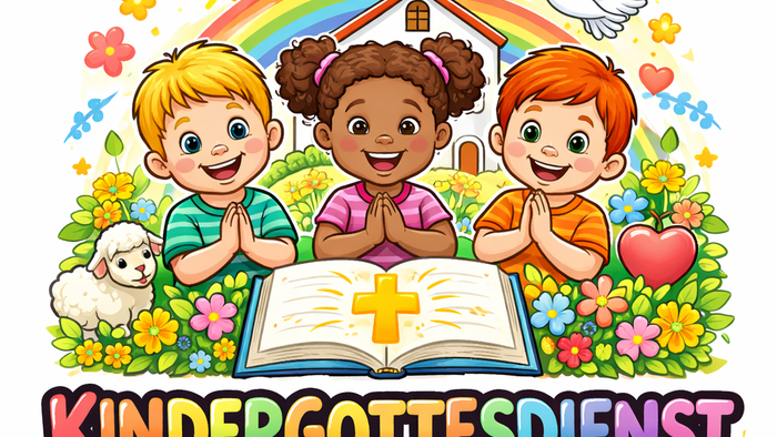 Bunte Illustration von Kindern in einem fröhlichen KinderGottesdienst mit offener Bibel und religiösen Symbolen.