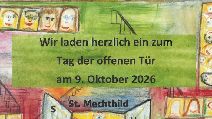 Bunte Einladung zum Tag der offenen Tür der St. Mechthild am 9. Oktober 2026 mit handgezeichneten Illustrationen.