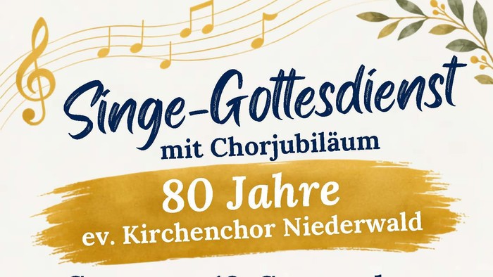 Festliches Plakat zum 80-jährigen Jubiläumsgottesdienst mit Gesang, anschließendem Umtrunk und Musik.