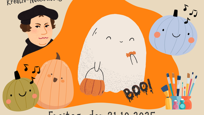 **Halloween-Veranstaltungsplakat mit Aktivitäten und Musik, mit Geistern und Kürbissen, geplant für den 31. Oktober 2025.**