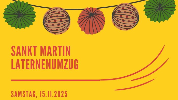 Plakat für den St.-Martins-Laternenumzug am 15. November 2025 mit Laternen, Musik und Kinderaktivitäten.