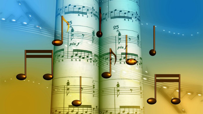 Livlige musiknoder og nodesystemer, der hvirvler rundt i en dynamisk, farverig komposition.