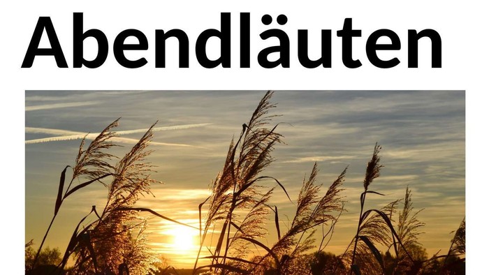 Ein wildes Weizenfeld, dahinter ein Sonnenuntergang in Gold und Graublau.