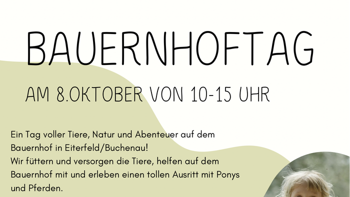 Ein Farmtag-Event am 8. Oktober von 10:00 bis 15:00 Uhr mit Tierpflege und Aktivitäten für Kinder ab 7 Jahren.