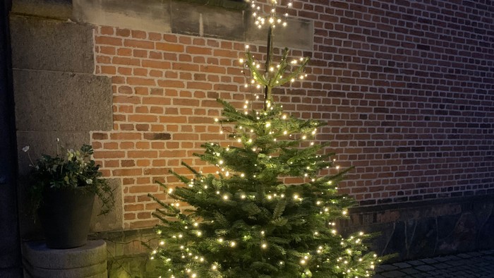 En lystrenet juletree står på en købstedplads foran en murstensfacade