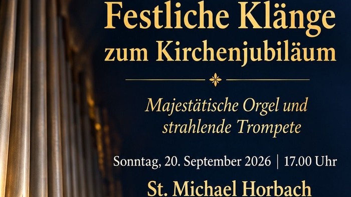Festliches Kirchenfest-Plakat mit Orgel- und Trompetenmusik am 20. September 2026 in St. Michael Horbach.