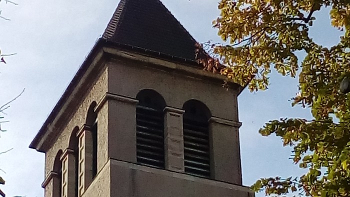 Der Uhrturm ragt hinter den Bäumen empor