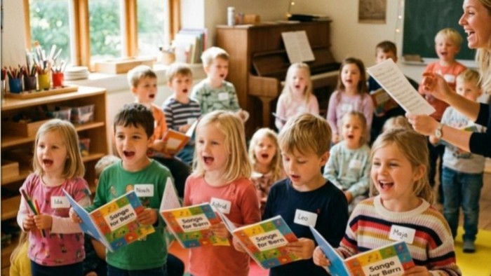 Glade børn holder farverige bøger i et livligt klasseværelse under en læseaktivitet.