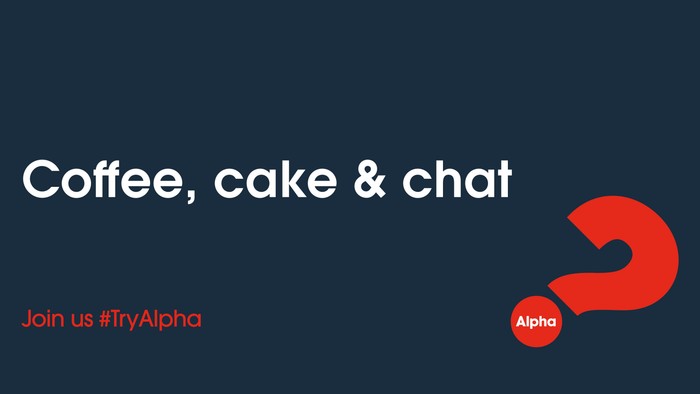Invitation to a social event with coffee, cake, and chat, featuring a red question mark and Alpha logo.