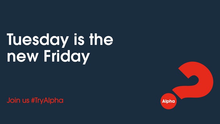 Promotional image with text "Tuesday is the new Friday" and hashtag #TryAlpha