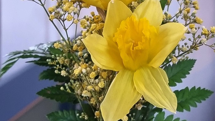 En blomstervase med gule liljer og grønne blade.