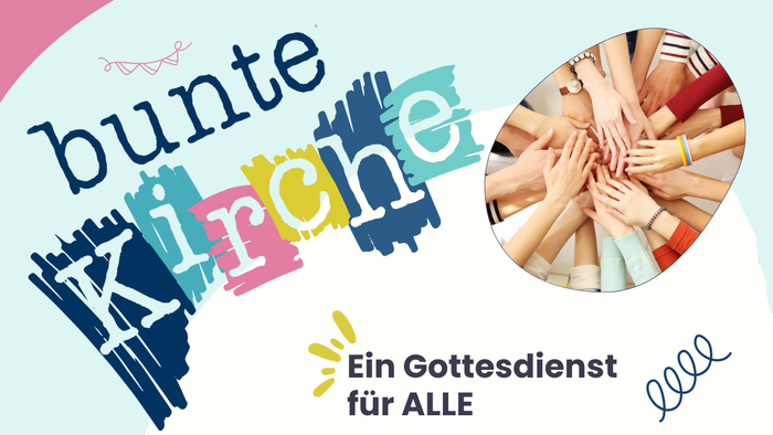 Bunte Kirchenveranstaltungsplakat, das einen inklusiven Gottesdienst mit Buffet, Aktivitäten und Anfangszeiten am 6. September ankündigt.