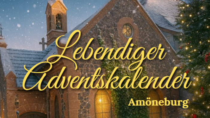 Weihnachts-Adventskalender-Cover mit einer festlichen Kirchenszene, Blechblasinstrumenten und Schneefall.