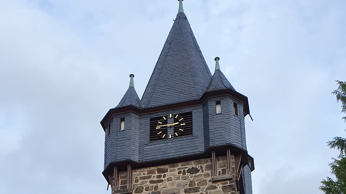 Historischer Steinturmuhr mit spitzem Dach und aufwendigen Mauerwerksdetails in einer parkähnlichen Umgebung.