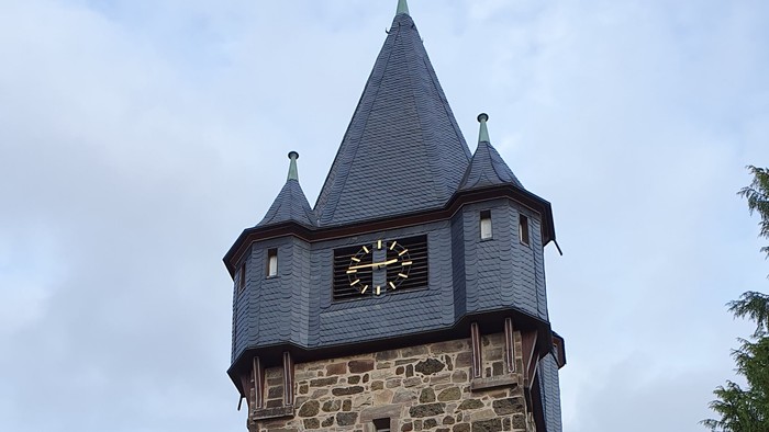 Historischer Steinturmuhr mit spitzem Dach und aufwendigen Mauerwerksdetails in einer parkähnlichen Umgebung.