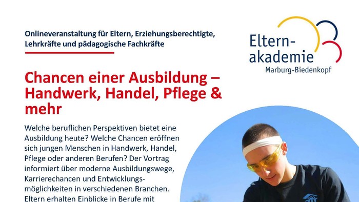 Online-Veranstaltung zu Berufschancen in Handwerk, Handel, Pflege und weiteren Bereichen für Eltern und Lehrkräfte.