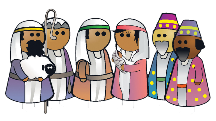 Cartoon illustration of five men in traditional Middle Eastern attire, standing in a line against a black background.