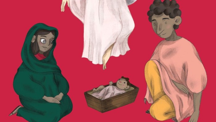 Et himmelsk væsen besøger den nyfødte Jesus med Maria og Josef i en krybbescene.