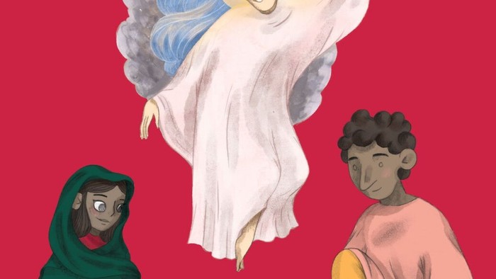 Et himmelsk væsen besøger den nyfødte Jesus med Maria og Josef i en krybbescene.
