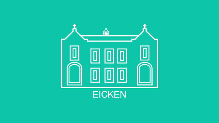 Eine minimalistische weiße Strichzeichnung eines prächtigen Gebäudes mit der Beschriftung „Eicken“ auf einem türkisfarbenen Hintergrund.