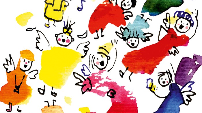 Bunte, verspielte Zeichnungen von Menschen in verschiedenen Posen und Outfits, wobei einige Flügel tragen und andere Gegenstände halten.