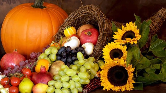 Bunter Herbstkorb mit Kürbis, Äpfeln, Trauben, Sonnenblumen und mehr