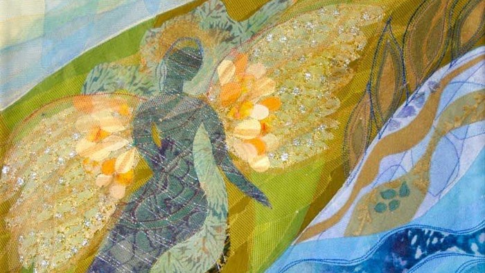 Billedet viser en farverig og abstrakt maleri med blomster og bølger.