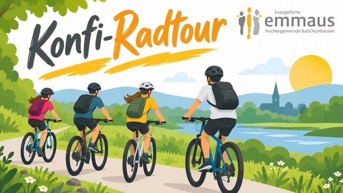 Eine Gruppe, die während der „Konfi-Radtour“-Veranstaltung von Emmaus durch eine malerische Landschaft radelt.